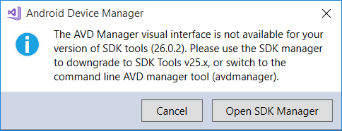Screenshot shows the Android SDK instance error dialog box.