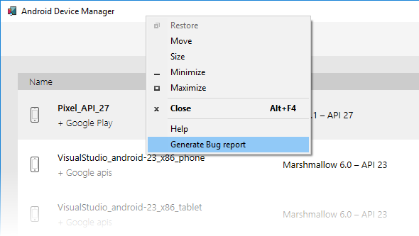 Location of menu item for filing a bug report