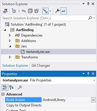 Setting the textanalyzer.aar build action to AndroidLibrary