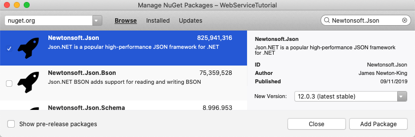 NuGet パッケージ マネージャーの Newtonsoft.Json NuGet パッケージのスクリーンショット