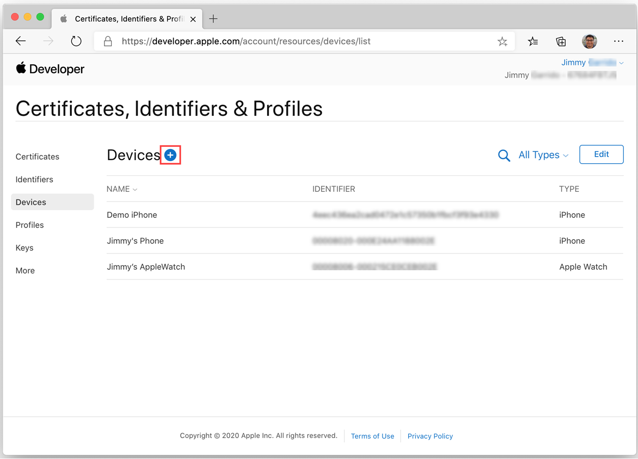 Screenshot of the devices page on the Apple Developer site with the add button highlighted.
