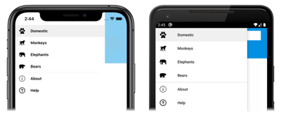 iOS と Android での MenuItem オブジェクトを含むポップアップのスクリーンショット