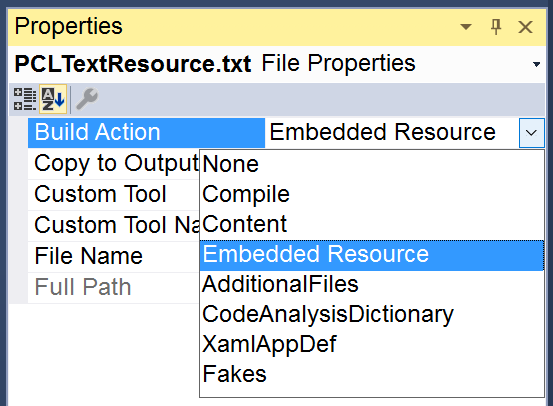 Configuring embedded resource build action