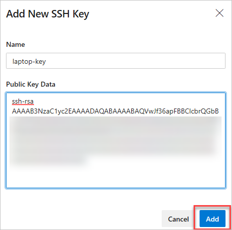 Screenshot showing configuring a Public Key in Azure DevOps.