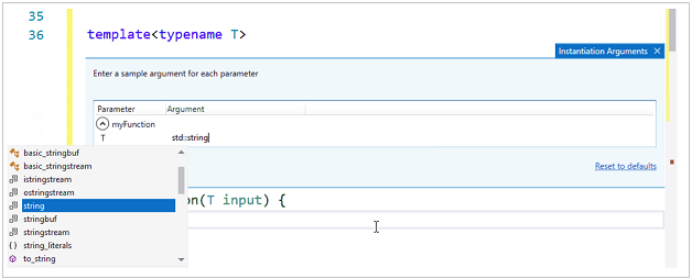 Снимок экрана: процесс редактирования на панели шаблона, где можно ввести тип для каждого параметра шаблона.