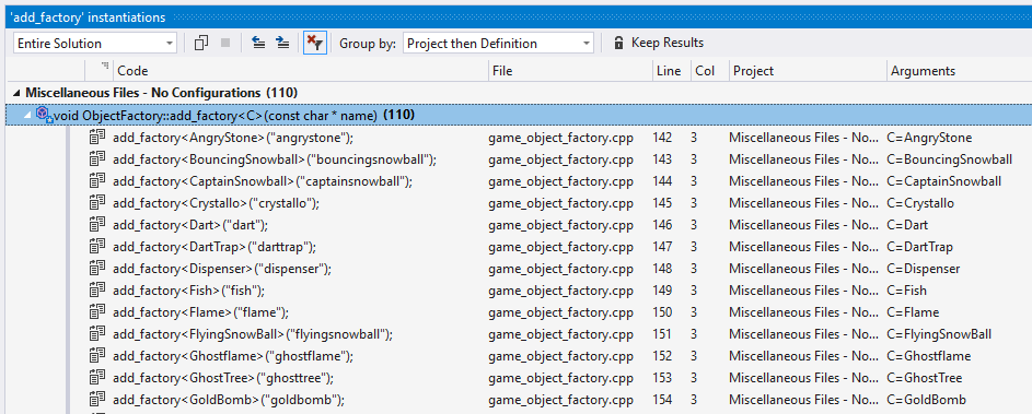 Снимок экрана: список экземпляров шаблона в коде. Перечислены экземпляр, файл, расположение и аргументы.