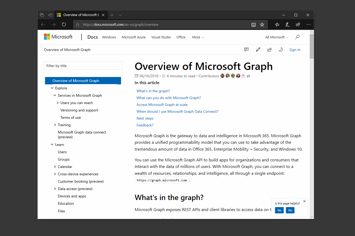 Изменение страницы на сайте docs.microsoft.com