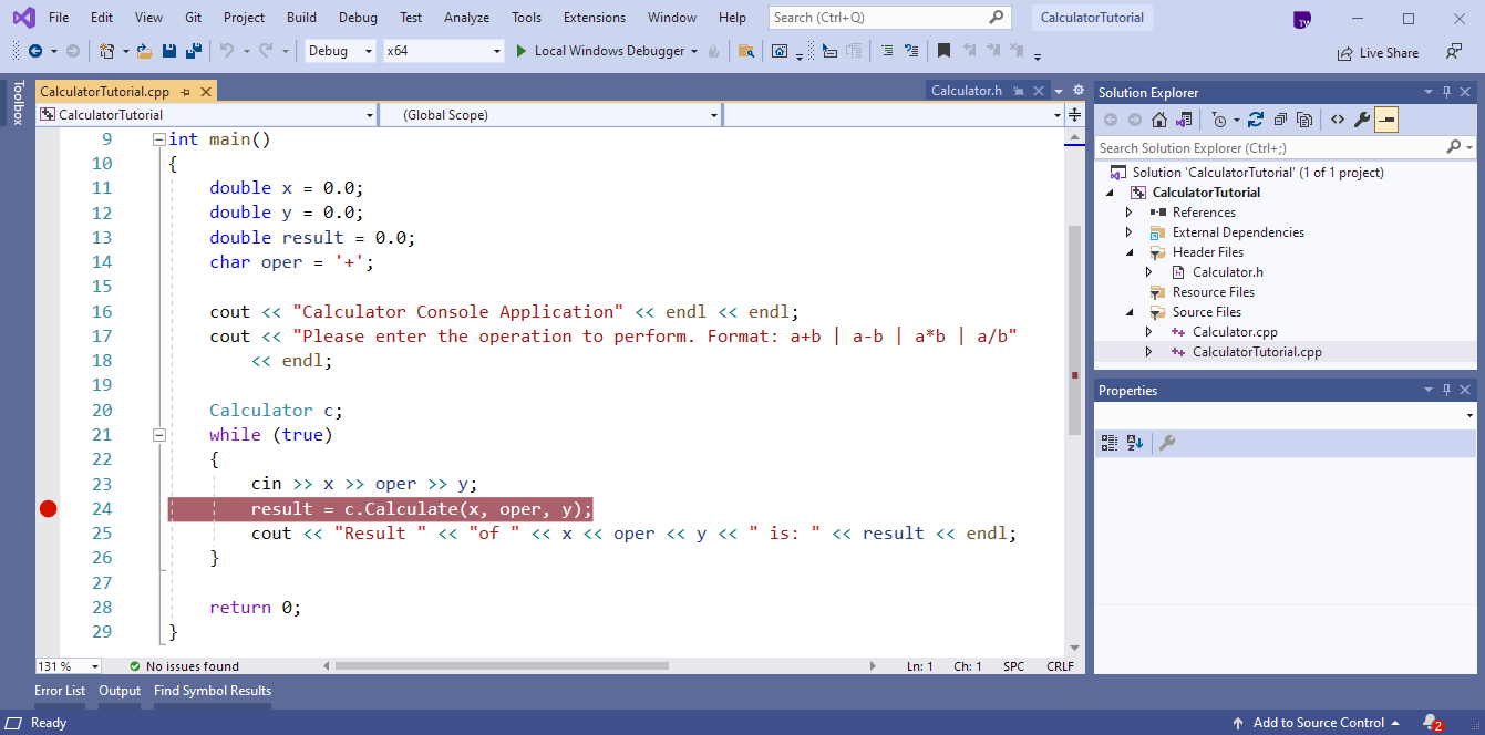 Снимок экрана редактора Visual Studio. Красная точка, представляющая точку останова, отображается в строке: result = c.Calculate(x, oper, y).
