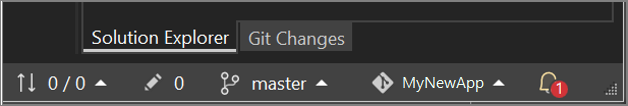 Снимок экрана: строка состояния репозитория, расположенная под панелью обозревателя решений Visual Studio, в которой отображается имя ветви и количество невыполненных изменений.