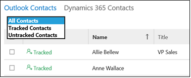 Контактіні бақылау сүзгісінің ашылмалы мәзірі бар Dynamics 365 App for Outlook бағдарламасы