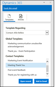 Dynamics 365 App for Outlook ішінде электрондық хабар үлгісін таңдау