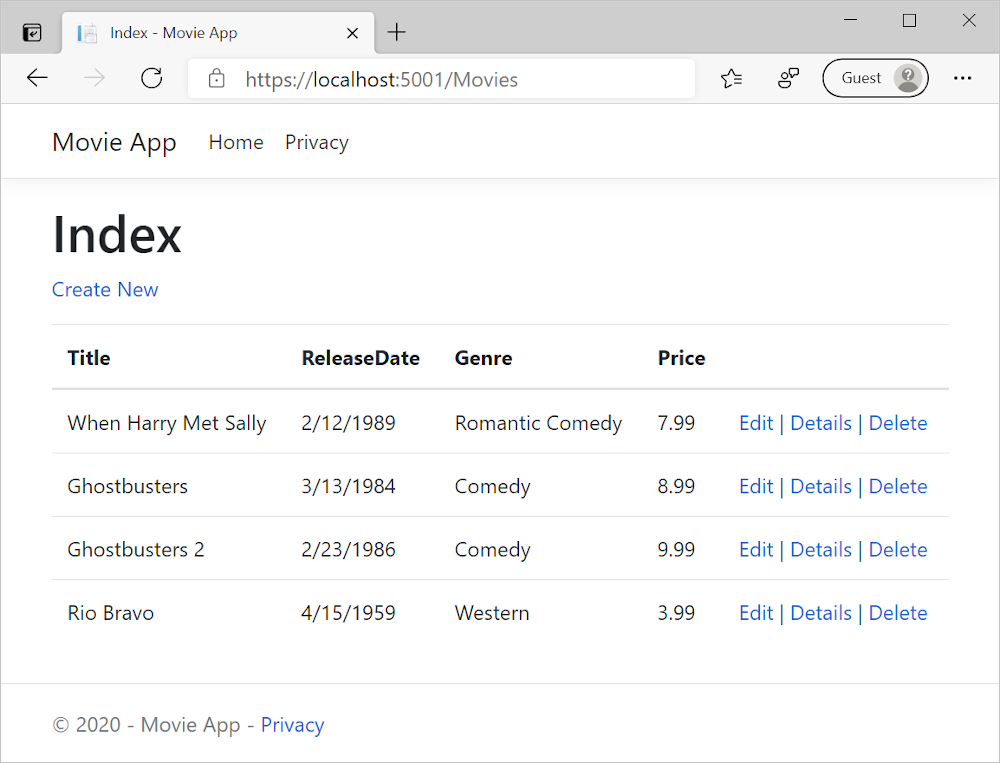영화 데이터를 표시하는 Microsoft Edge에서 열린 MVC 영화 앱