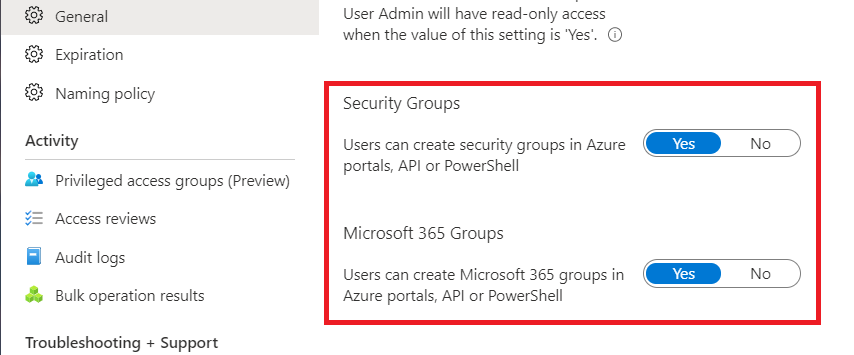 Microsoft Entra 보안 그룹 설정 변경을 보여 주는 스크린샷