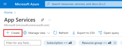 A screenshot showing the location of the Create button on the App Services page in the Azure portal.