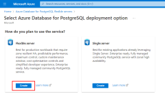 A screenshot showing the location of the Create Flexible Server button on the Azure Database for PostgreSQL deployment option page in the Azure portal.