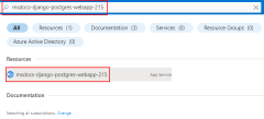 A screenshot showing how to locate your App Service using the search toolbar at the top of the Azure portal.