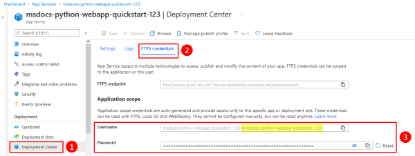 A screenshot showing the location of the deployment credentials in the Azure portal.