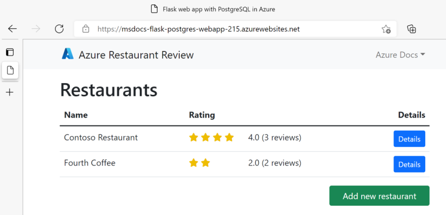 A screenshot of the Flask web app with PostgreSQL running in Azure showing restaurants and restaurant reviews.