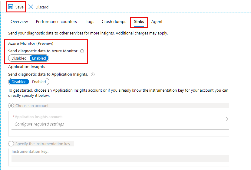 Screenshot shows the Sinks tab with the Send diagnostic data to Azure Monitor option Enabled.