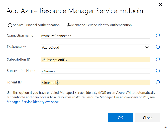 Azure Resource Manager 서비스 엔드포인트 추가 대화 상자