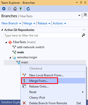 Visual Studio 2019의 팀 탐색기 분기 보기에 있는 분기 병합 시작 옵션의 스크린샷.