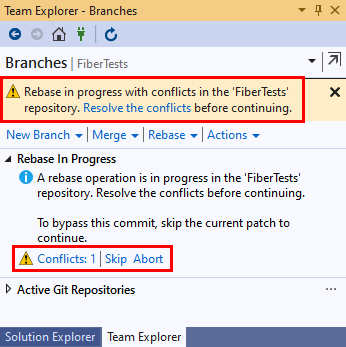 Visual Studio 2019의 팀 탐색기 분기 보기에 있는 재베이스 충돌 메시지의 스크린샷
