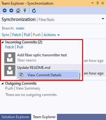 Visual Studio 2019의 팀 탐색기 동기화 보기에서 들어오는 커밋에 대한 상황에 맞는 메뉴의 스크린샷