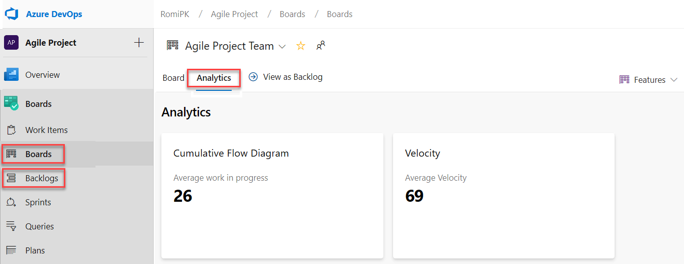 Screenshot of the Cumulative Flow Diagram report and Velocity report on the Analytics tab.
