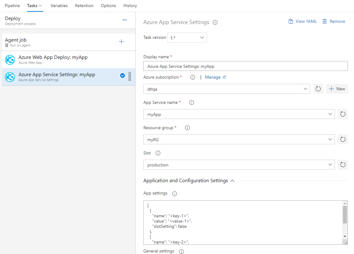 Screenshot showing the Azure App Service Settings dialog box.