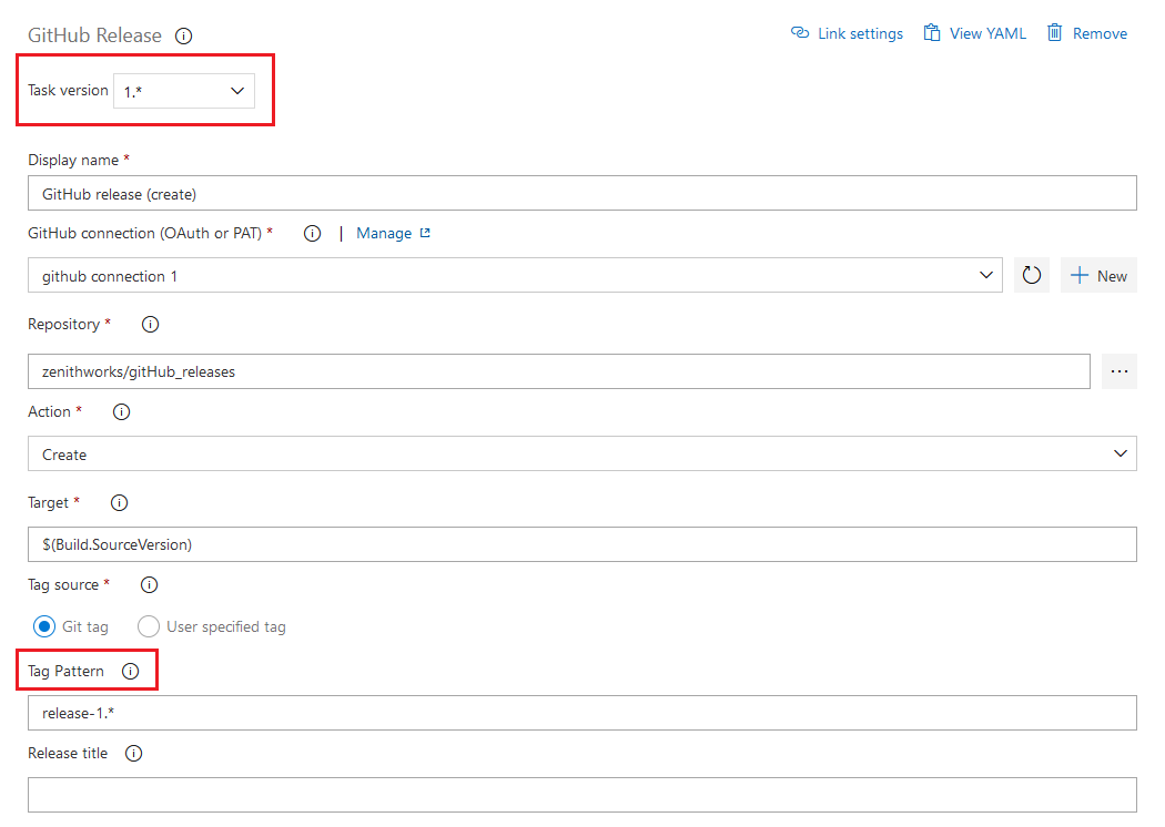 Screenshot showing the GitHub release task with the Task version and Tag Pattern sections called out.