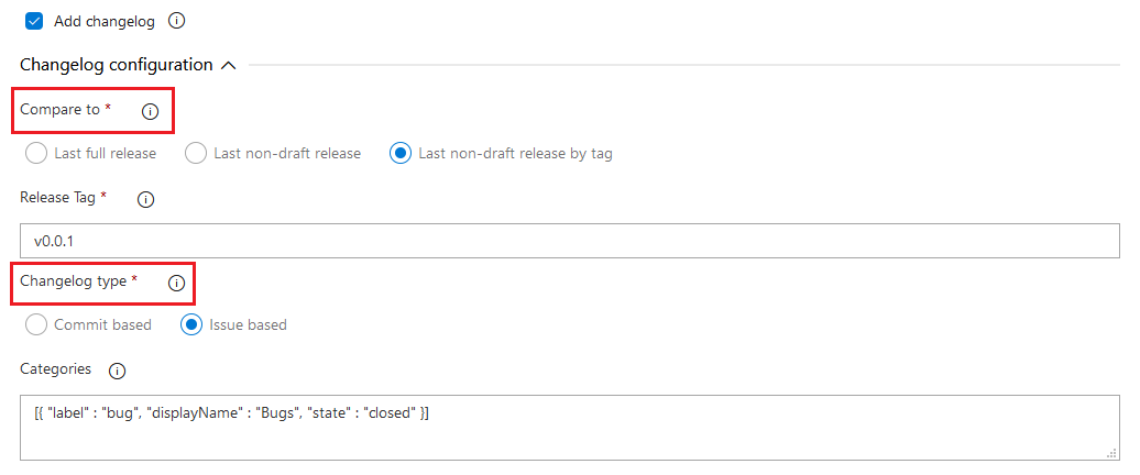 Screenshot showing the GitHub release task with the Compare to and Changelog type sections highlighted.