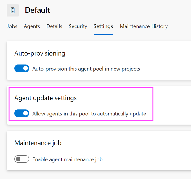 Sceenshot of the Default Settings page with the Agent update settings option turned on and called out.