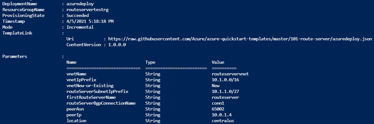 Route Server Resource Manager 템플릿 PowerShell 배포 출력.