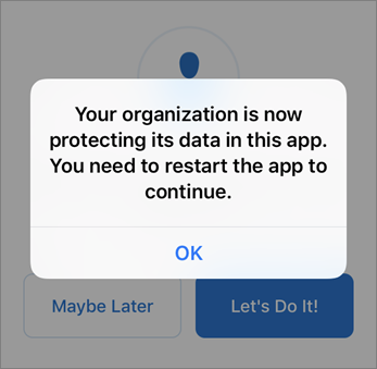 현재 조직에서 Outlook 앱을 보호하고 있음을 보여주는 스크린샷