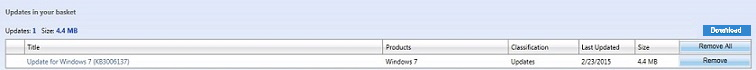 Microsoft 업데이트 카탈로그가 바스켓을 표시합니다.
