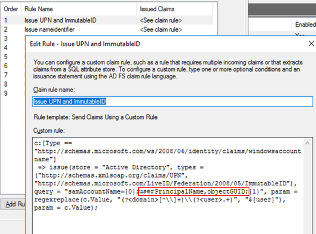 A D F S 서버에 구성된 해당 클레임 규칙에서 immutableID 및 UPN 값을 확인합니다.