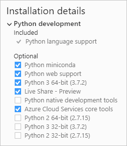 Python development options in the Visual Studio 2019 installer