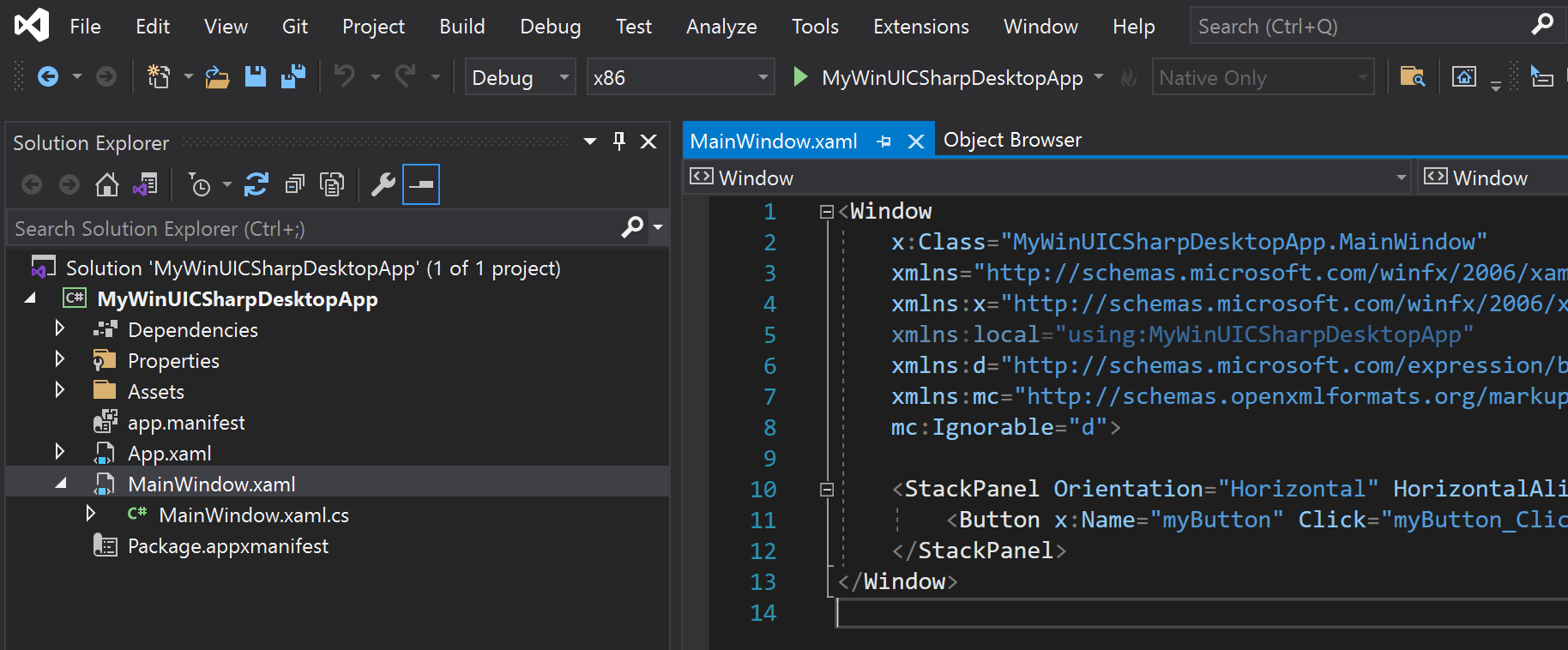 솔루션 탐색기 창 및 단일 프로젝트 MSIX에 대한 기본 Windows XAML .CS 파일의 내용을 보여 주는 Visual Studio의 스크린샷