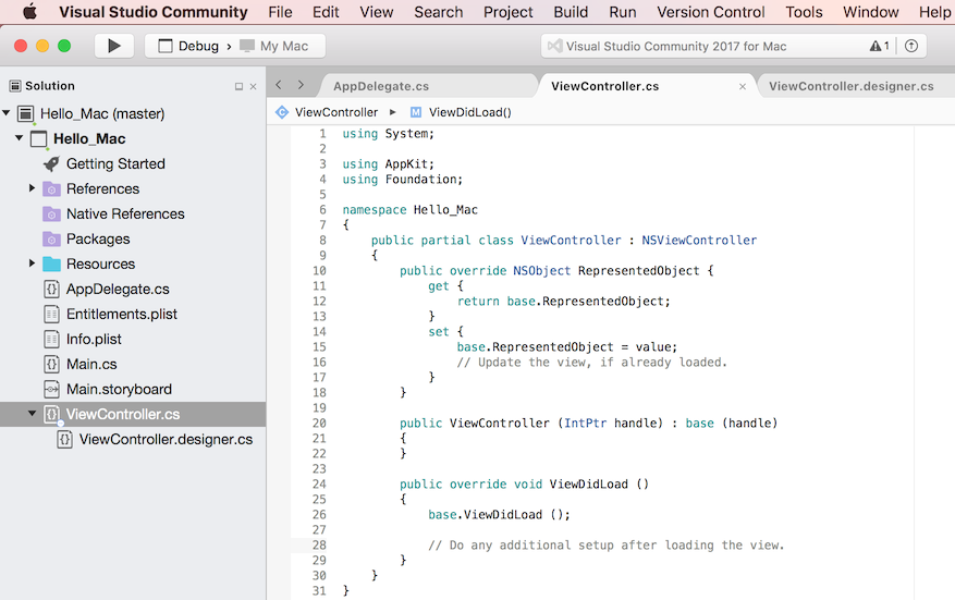 Mac용 Visual Studio에서 ViewController.cs 파일 보기