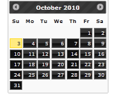 검은색 넥타이 테마를 사용하여 스타일이 지정된 2010년 10월 달력 페이지를 보여 주는 스크린샷
