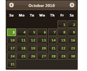 Mint-Choc 테마를 사용하여 스타일이 지정된 2010년 10월 달력 페이지를 보여 주는 스크린샷