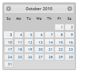 오버캐스트 테마를 사용하여 스타일이 지정된 2010년 10월 달력 페이지를 보여 주는 스크린샷