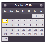 Eggplant 테마를 사용하여 스타일이 지정된 2010년 10월 달력 페이지를 보여 주는 스크린샷