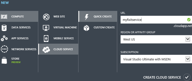새 Azure 클라우드 서비스 프로젝트를 만들기 위해 사용 가능한 선택 항목이 있는 Azure Cloud Service Portal 및 여러 탭을 보여 주는 다이어그램