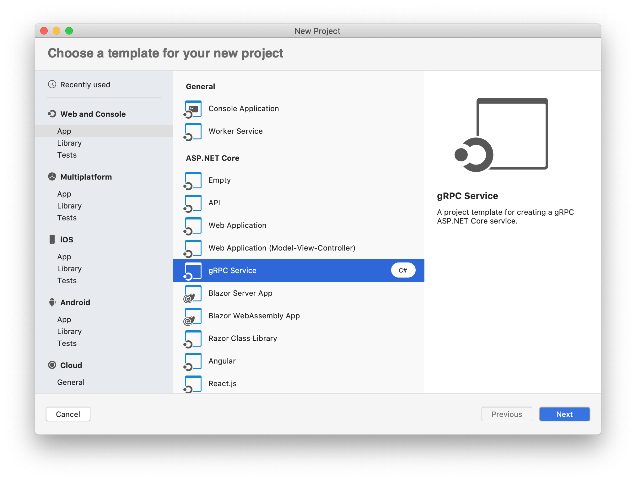 macOS에서 새 프로젝트 대화 상자 만들기