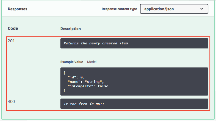 POST 응답 클래스 설명 ‘새로 만들어진 Todo 항목 반환’ 및 ‘400 - 응답 메시지에서 항목의 상태 코드 및 이유가 null인 경우’를 보여 주는 Swagger UI.