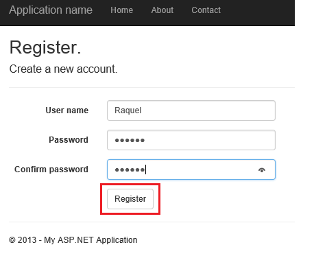 사용자 이름, 암호 및 암호 필드가 완료되었는지 확인하고 아래에 등록 단추가 강조 표시된 SP 점 NET 등록 대화 상자의 스크린샷