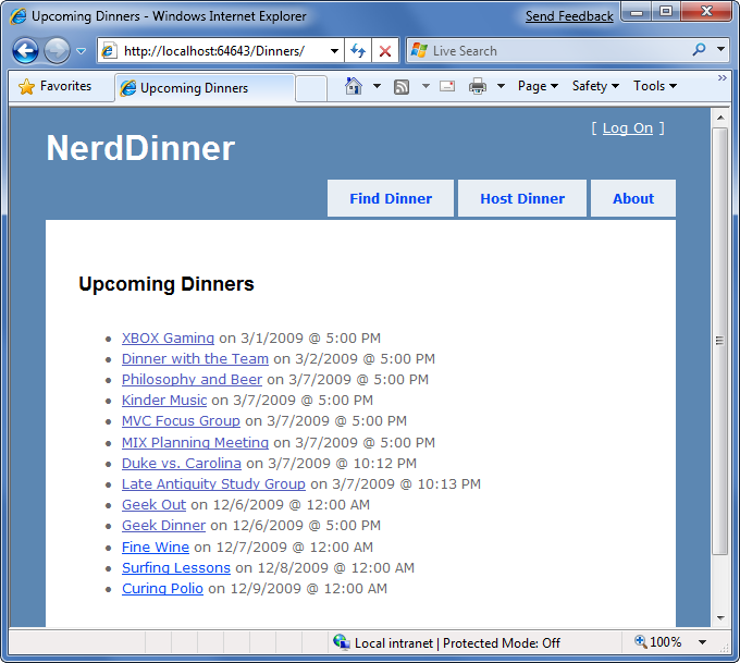 Nerd Dinner 예정된 저녁 식사 목록 페이지의 스크린샷.