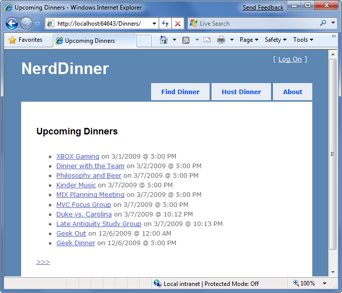 Nerd Dinner 페이지의 예정된 저녁 식사 목록 스크린샷.