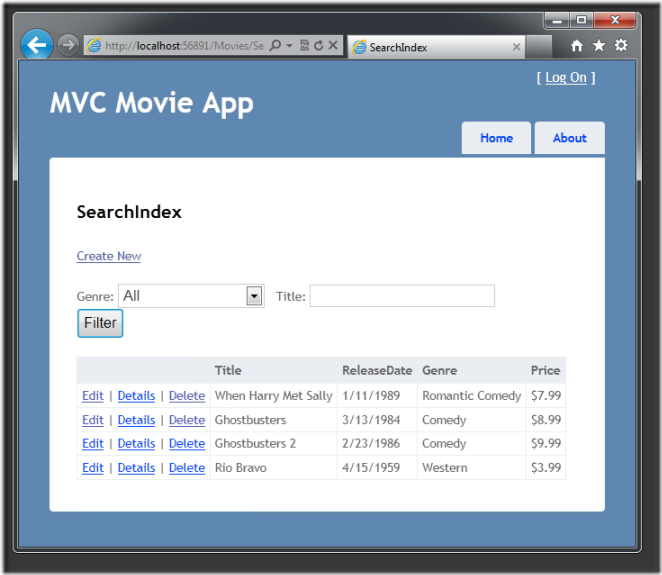 M V C 동영상 앱의 검색 인덱스 페이지를 보여 주는 스크린샷 페이지에는 4개의 영화 목록이 표시됩니다.